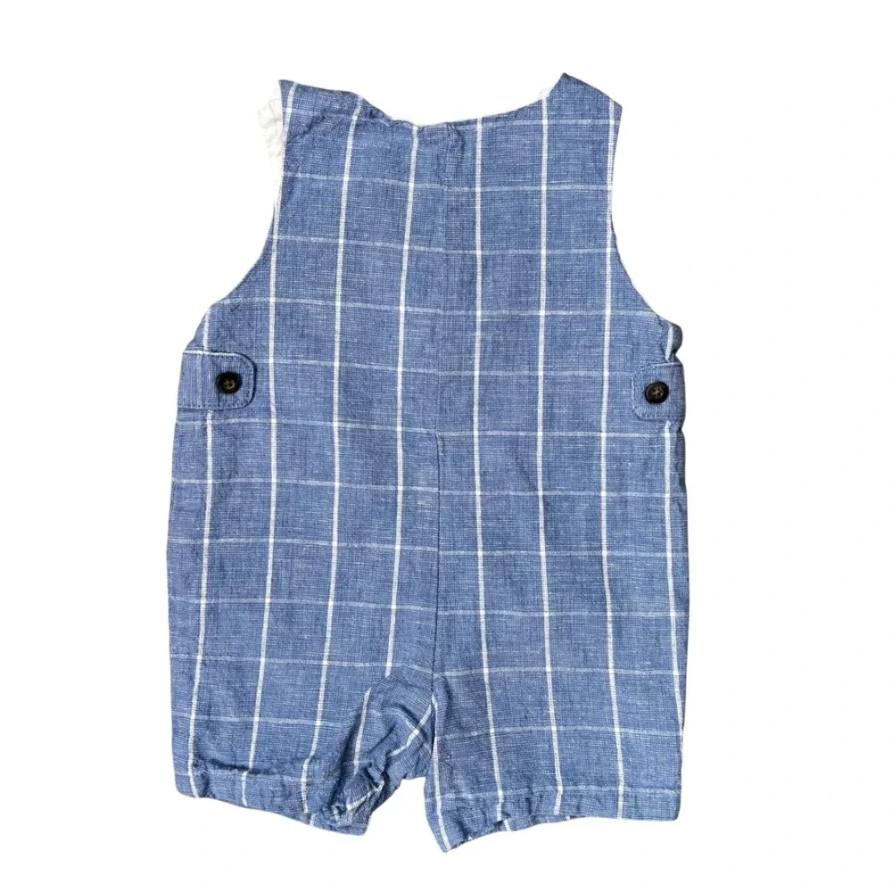 Janie and Jack Blue Windowpane‎ Plaid Linen Blend Romper Shortall 0-3 Months
